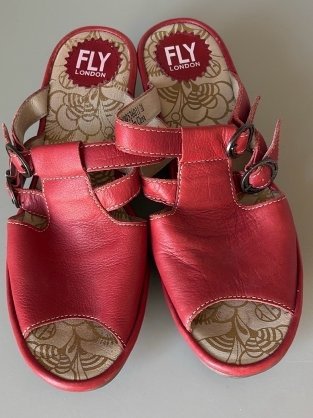Fly London Red Leather Open-Toe Double Buckle Sandals